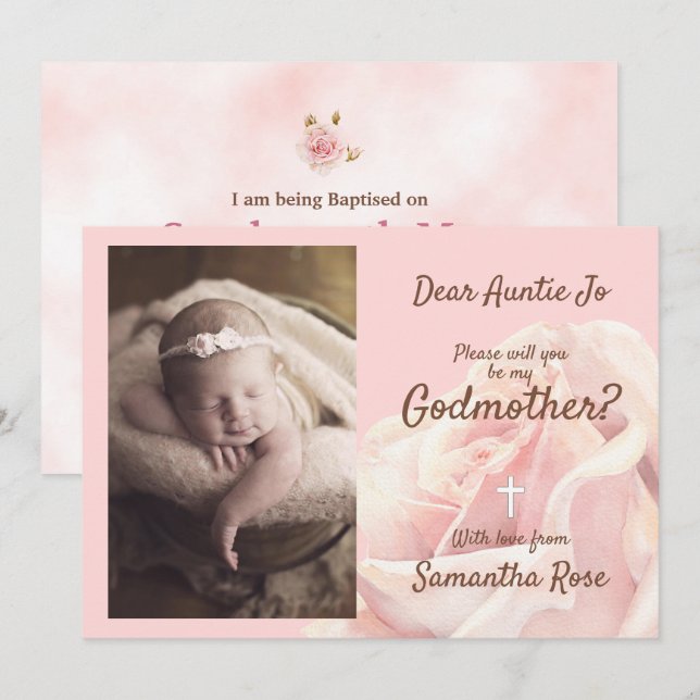 Pink rose blush Godmother invitation (Front/Back)