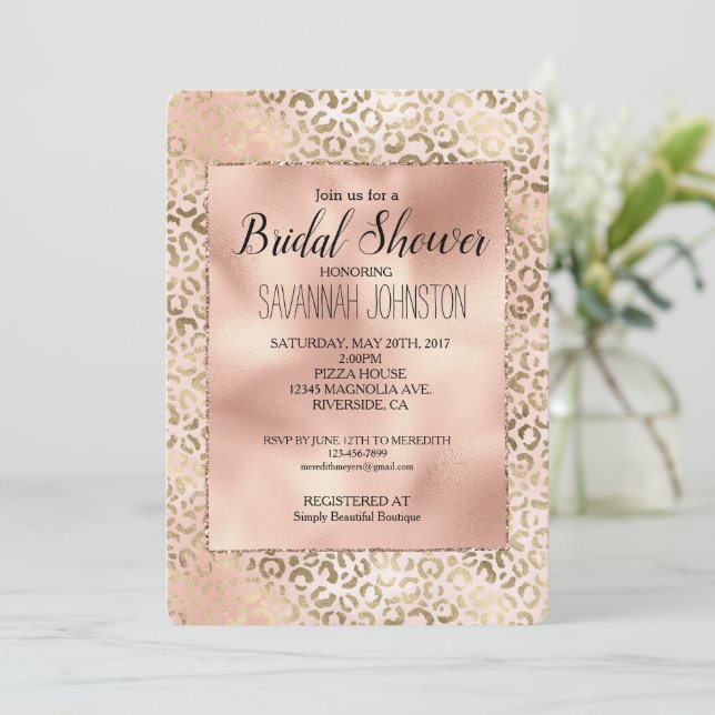 Pink Rose Blush Gold Leopard Animal Print  Invitation (Standing Front)