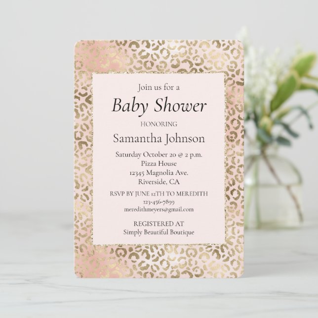 Pink Rose Blush Gold Leopard Animal Print     Invitation (Standing Front)