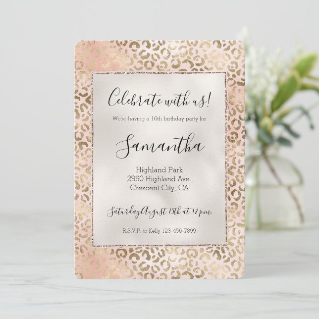 Pink Rose Blush Gold Leopard Animal Print   Invitation (Standing Front)