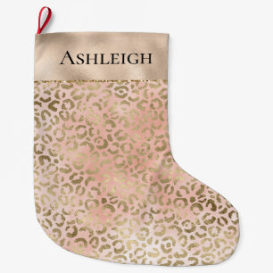 Pink Rose Blush Gold Leopard Animal Print Name   Large Christmas Stocking