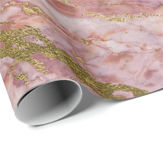 Pink Rose Blush Gold Marble Shiny Glam Wrapping Paper (Roll Corner)