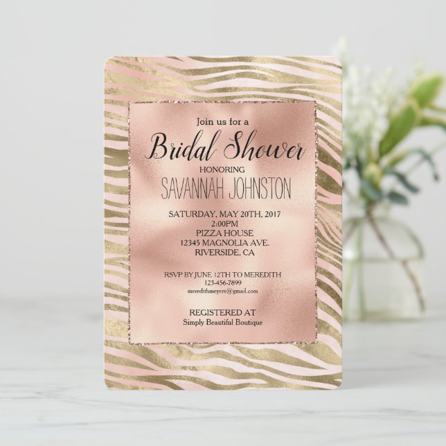 Pink Rose Blush Gold Zebra Animal Bridal Shower Invitation (Standing Front)