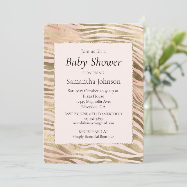 Pink Rose Blush Gold Zebra Animal Print    Invitation (Standing Front)