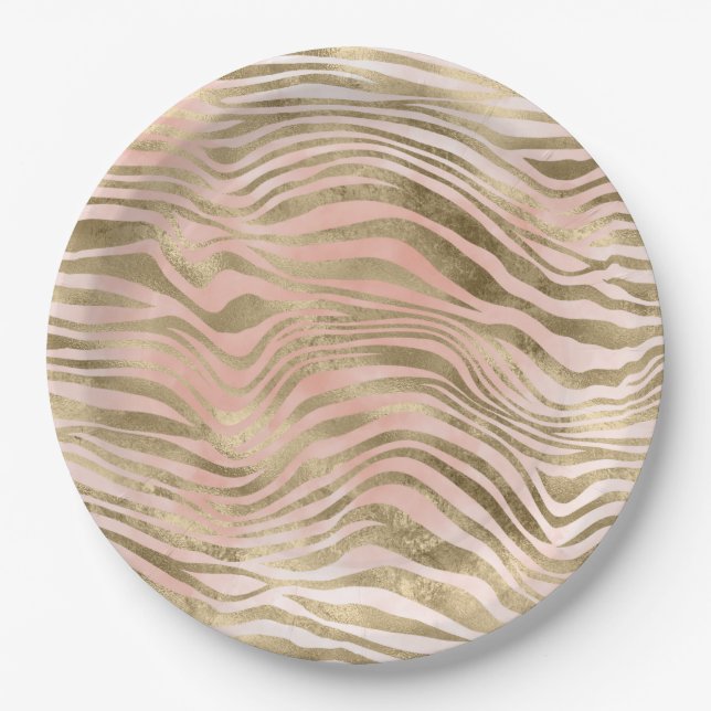 Pink Rose Blush Gold Zebra Animal Print    Paper Plate (Front)