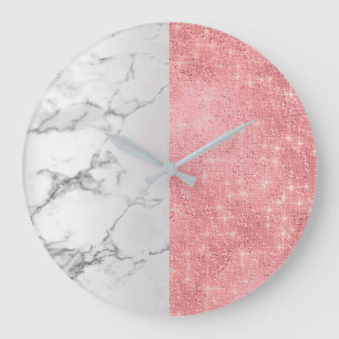 Pink Rose Blush Marble Gray Sequin Diamond Sparkly Large Clock