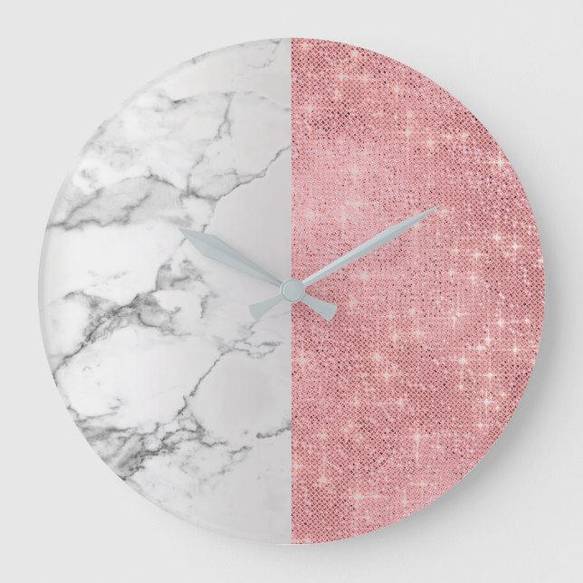 Pink Rose Blush Marble Gray Sequin Diamond Sparkly Large Clock (Front)