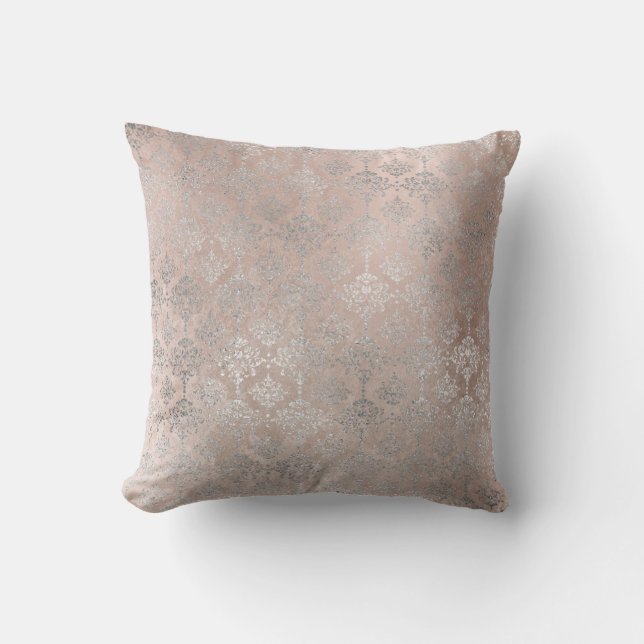 Pink Rose Blush Powder Grungy Silver Gray Damask Cushion (Front)
