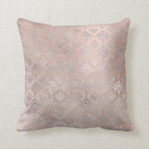 Pink Rose Blush Powder Grungy Silver Gray Damask Cushion