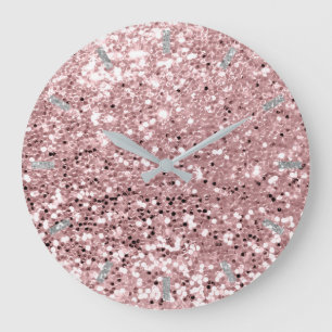 Pink Rose Blush Sparkly Faux Glitter Grey Large Clock
