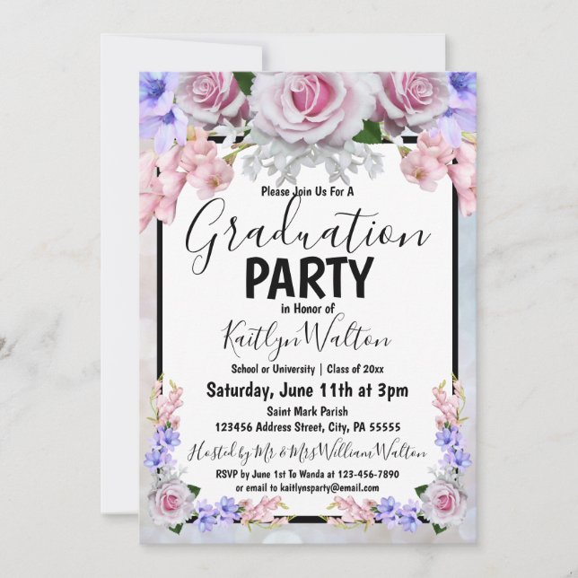 Pink Rose Bokeh Graduation Party Invitation (Front)