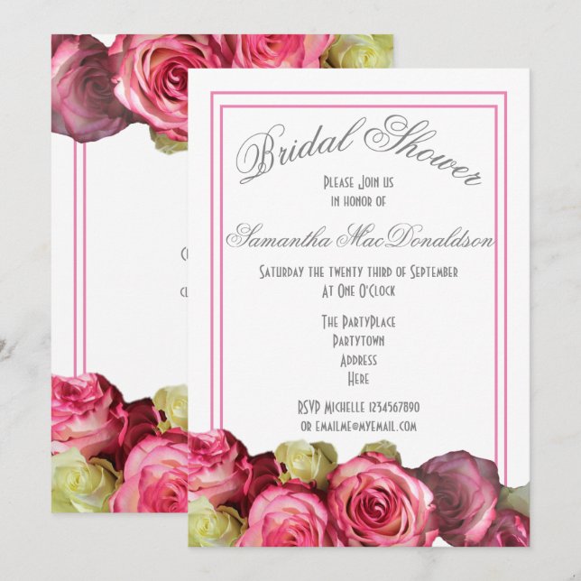 Pink rose border summer bridal shower invitation (Front/Back)