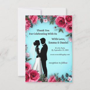 🌸 Pink Rose Border Turquoise Wedding Theme 🌸 RSVP Card