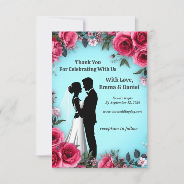 🌸 Pink Rose Border Turquoise Wedding Theme 🌸 RSVP Card (Front)