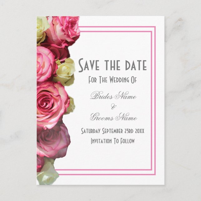 Pink rose border wedding save the date announcement postcard (Front)