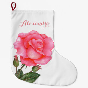 Pink Rose Botanical Illustration Large Christmas Stocking