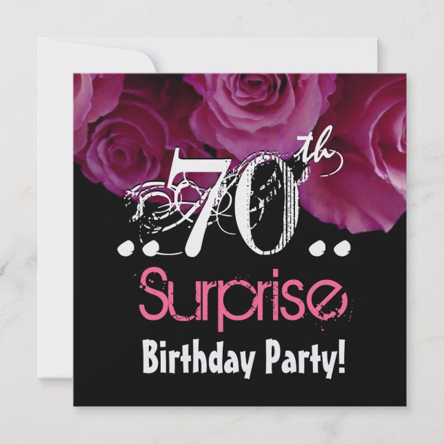 Pink Rose Bouquet 70th Surprise Birthday Metallic Invitation (Front)