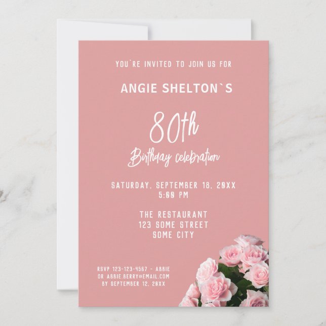 Pink Rose Bouquet 80th Birthday Floral Party  Invitation (Front)