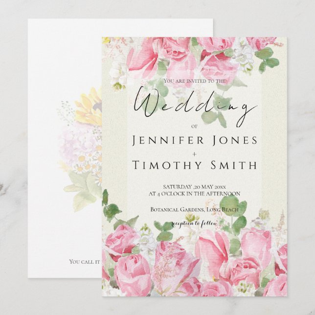 pink  rose bouquet  and green leaf  watercolour  invitation (Front/Back)