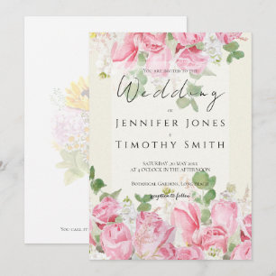 pink  rose bouquet  and green leaf  watercolour  invitation