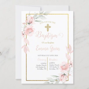 Pink rose bouquet baptism invitation for girl 
