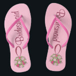 Pink Rose Bouquet Bridesmaid Wedding Flip Flops<br><div class="desc">Flip flops feature an original marker illustration of a pretty pink floral ball wedding bouquet, with BRIDESMAID in a fun font. Perfect for the bridal party! Designer is available to create and upload custom designs to match the colours and themes of your wedding--click "Ask this Designer" to begin the design...</div>