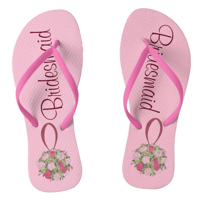 Pink Rose Bouquet Bridesmaid Wedding Flip Flops (Footbed)