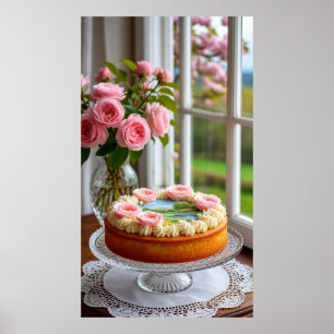 Pink Rose Bouquet by Window and Elegant Cake Poster