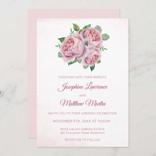 Pink Rose Bouquet Floral Wedding Invitations (Front/Back)
