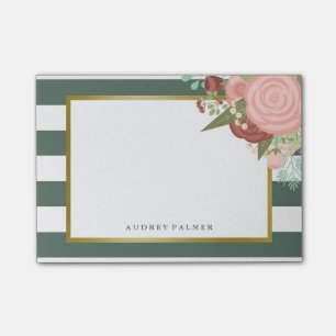 Pink Rose Bouquet & Green Stripes Custom Name Post-it Notes