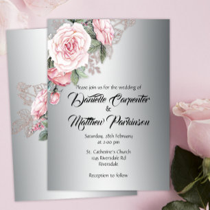 Pink Rose Bouquet on Silver Wedding Invitation