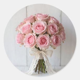 Pink Rose Bouquet Pearl Lace Romantic Classic Round Sticker