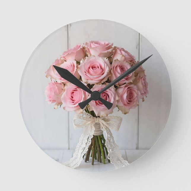 Pink Rose Bouquet Pearl Lace Romantic Round Clock (Front)