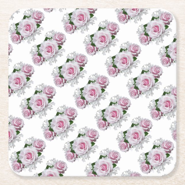 Pink Rose Bouquet Square Paper Coaster (Front)