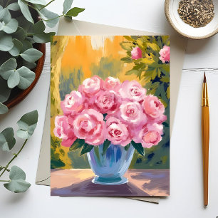 Pink Rose Bouquet   Watercolor Floral Vase Postcard