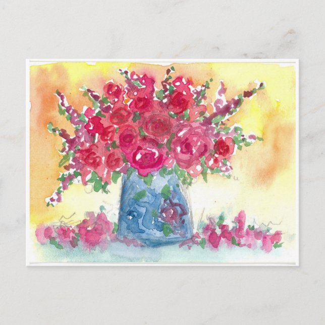Pink Rose Bouquet Watercolor Painting Postcard (Front)