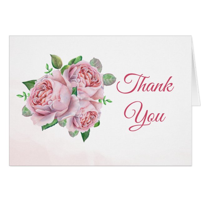 Pink Rose Bouquet Watercolor Thank You Card (Front Horizontal)