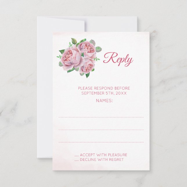 Pink Rose Bouquet Wedding Reply Cards (Front)