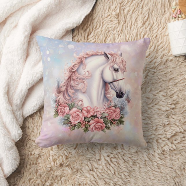 Pink Rose Bouquet White Horse Fantasy Kids Cushion (Blanket)