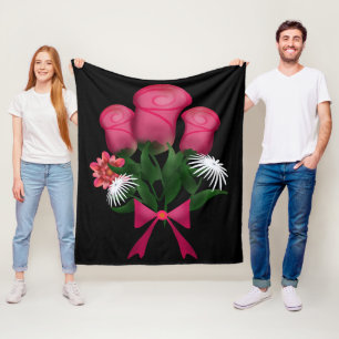Pink Rose Bouquet with Floral Ribbon Fleece Blanket