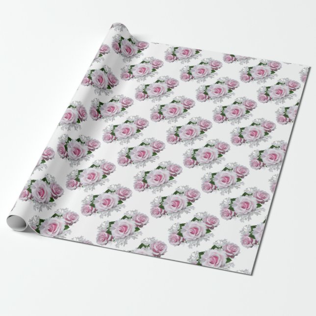 Pink Rose Bouquet Wrapping Paper (Unrolled)