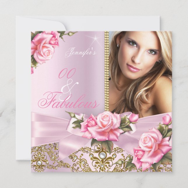 Pink Rose Bow Photo Fabulous Birthday Party Invitation (Front)
