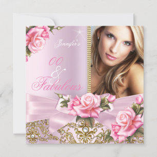 Pink Rose Bow Photo Fabulous Birthday Party Invitation