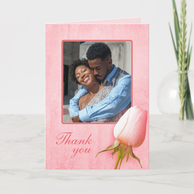 Pink rose bud wedding photo thank you card (Front)