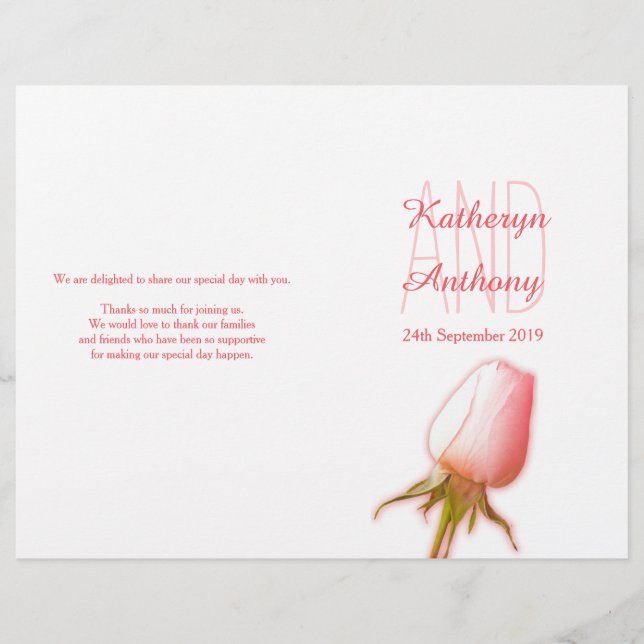 Pink rose bud wedding programme (Front)