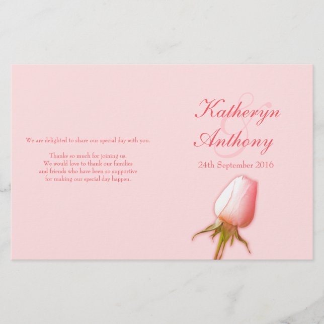 Pink rose bud wedding programme (Front)
