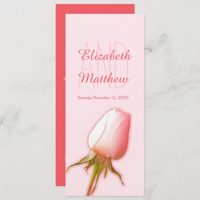 Pink rose bud wedding reception dinner menu invitation (Front/Back)