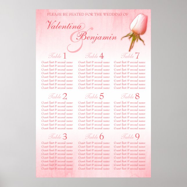 Pink Rose Bud Wedding Seating Table Planner 1-9 Poster (Front)