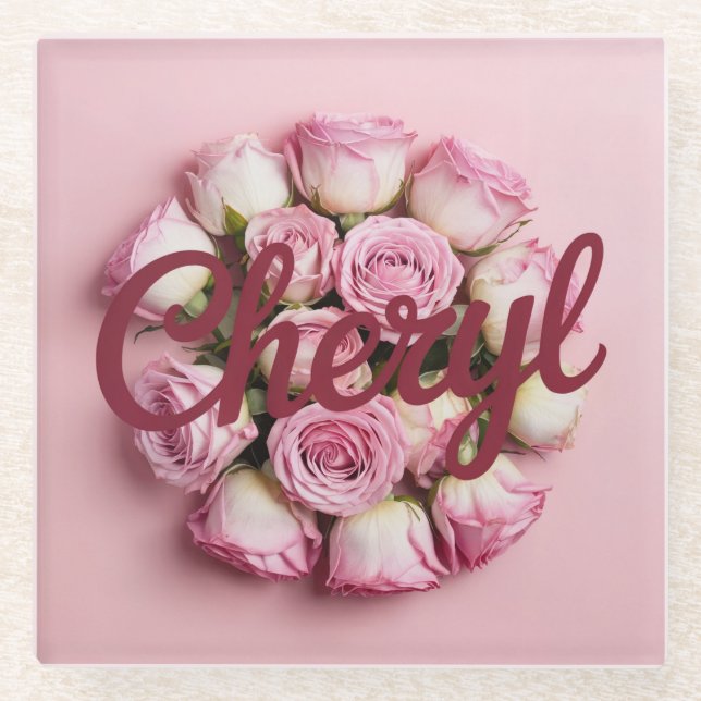 Pink Rose Buds Cheryl Burgundy Pink Glass Coaster (Front)