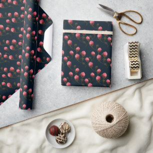 Pink rose buds on dark blue background  wrapping paper